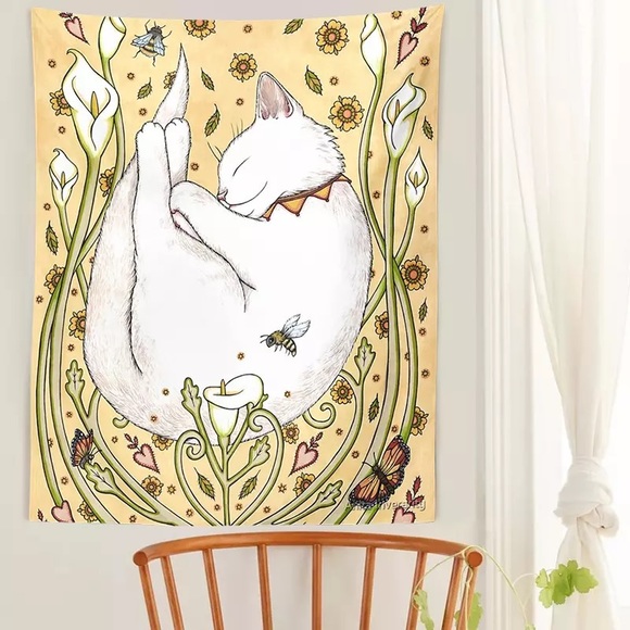 Vintage Graphic Cat Botanical Flower Tapestry Wall Decor - Picture 1 of 4